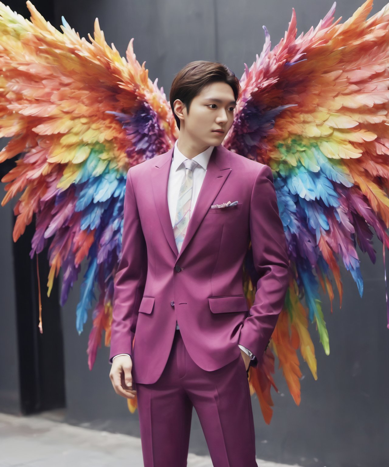 Create an image of a young man wearing a suit, featuring vibrant, crystal wings extending from his back. Random movement The background should be plain white, emphasizing the contrast and detailing of the beauty wings and the sharpness of the suit. The man should appear poised and elegant, with the wings unfurled to showcase a spectrum of vivid hues, blending seamlessly from one color to another. The focus should be on the meticulous details of the wings’ feathers and the suit’s fabric, capturing a harmonious blend of natural and refined elements, wings,Stylish, close up,l3min,wings,xxmixgirl