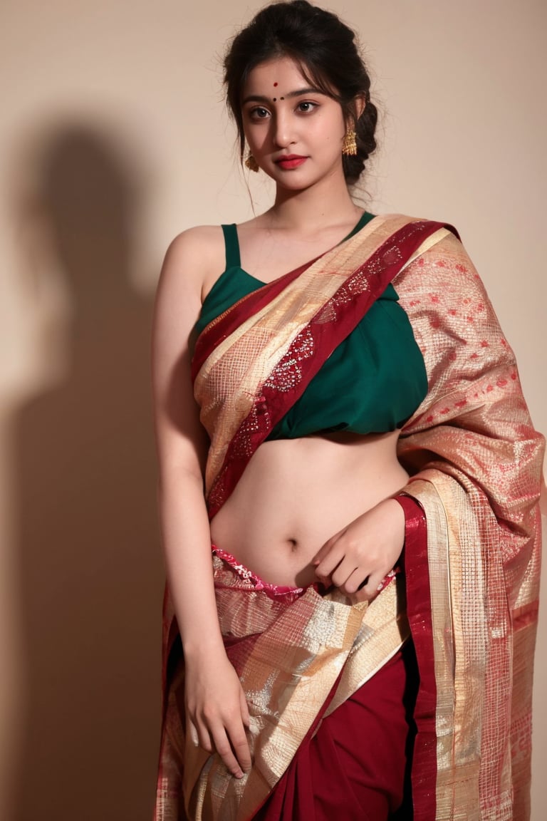 Best quality, masterpiece, ultra high res, (photorealistic:1.4), raw photo, 1girl,big breasts, offshoulder, in the dark, deep shadow, saree