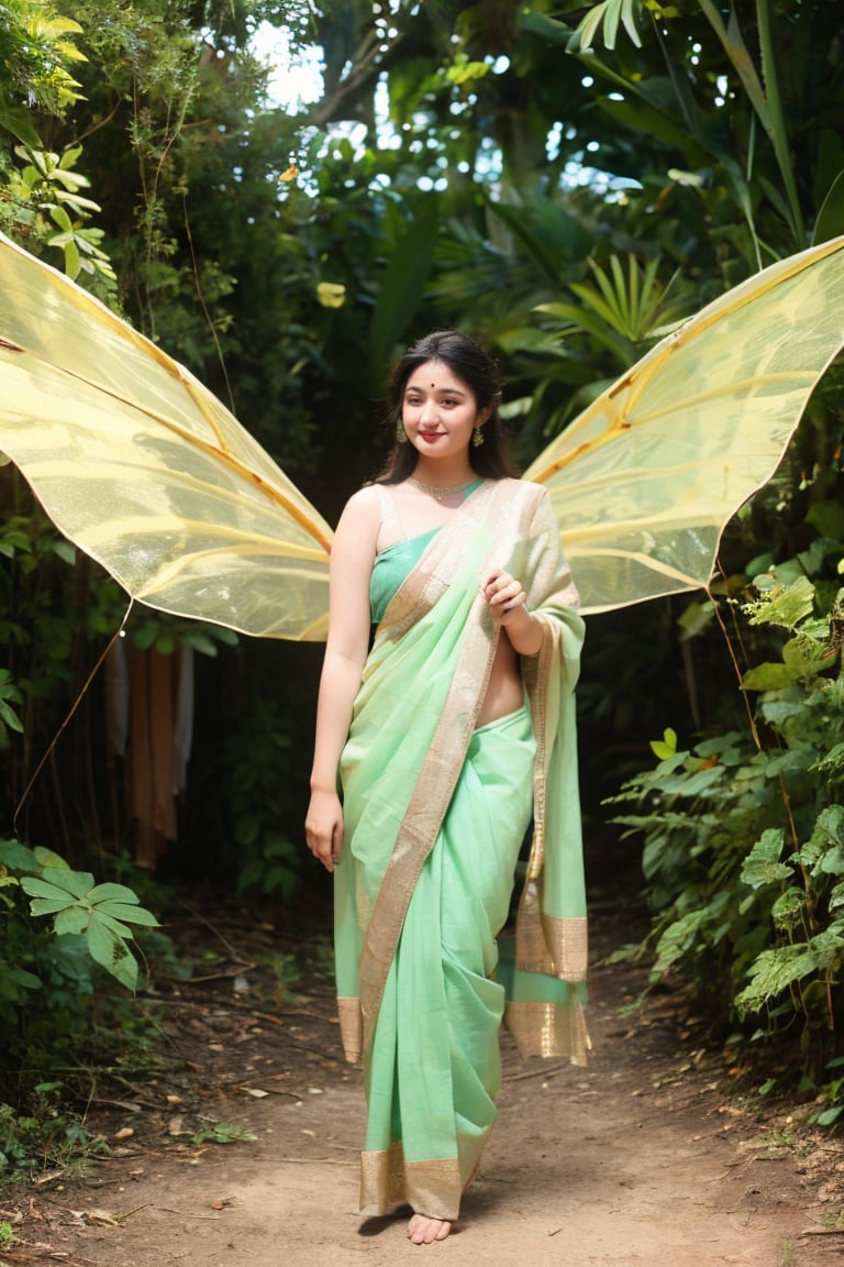 1girl, solo, long hair, black hair, dress, wings, barefoot, see-through, bug, butterfly, green dress, saree, minigirl, fairy wings, fairy, butterfly wings, insect wings, @imageized