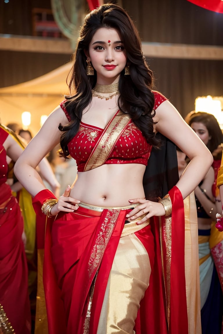 1girl, solo, long hair, breasts, wanda from marvel, looking at viewer, skirt, black hair, navel, brown eyes, jewelry, earrings, midriff, necklace, bracelet, lips, crop top, red saree, long saree, belly