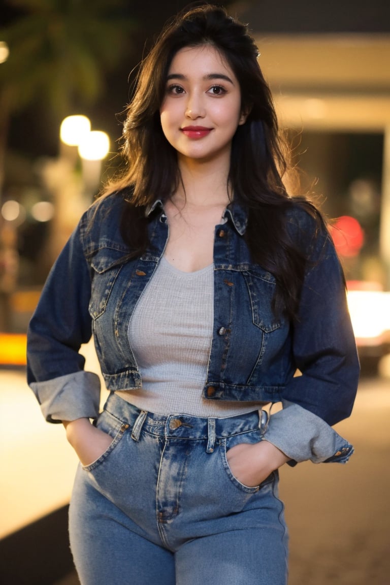Best quality, masterpiece, ultra high res, (photorealistic:1.4), raw photo, big breasts, in the dark, deep shadow, 1girl, solo, long hair, breasts, looking at viewer, smile, shirt, black hair, brown eyes, medium breasts, cowboy shot, outdoors, pants, blurry, blurry background, denim, hands on hips, jeans, realistic, @imageized. 