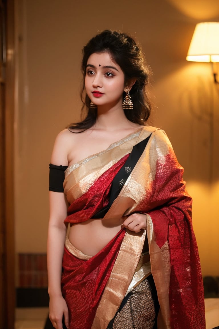 Best quality, masterpiece, ultra high res, (photorealistic:1.4), raw photo, 1girl,big breasts, offshoulder, in the dark, deep shadow, saree