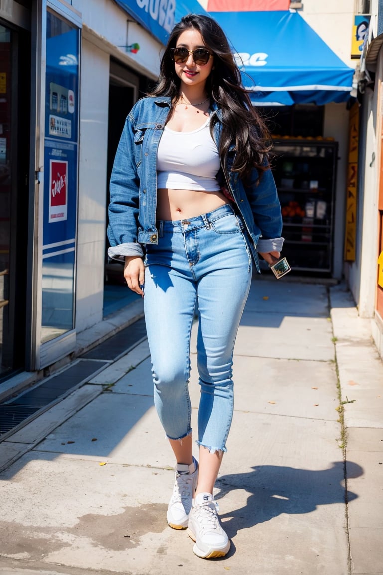 1girl, solo, long hair, looking at viewer, shirt, black hair, navel, standing, jacket, full body, white shirt, shoes, midriff, pants, crop top, shadow, sunglasses, blue jacket, sneakers, cropped jacket