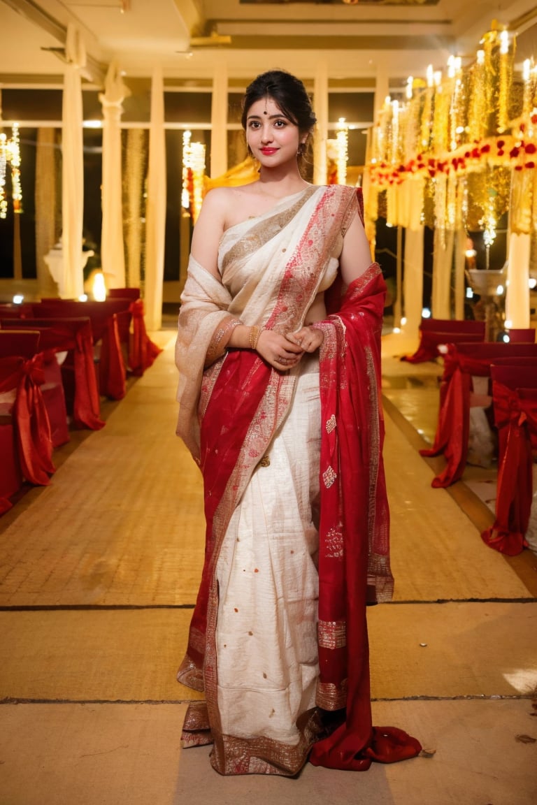 Best quality, masterpiece, ultra high res, (photorealistic:1.4), raw photo, 1girl,big breasts, offshoulder, in the dark, deep shadow,  wearing south indian white saare at wedding, full body standing pic at wedding hall as a background, white saari with golden embroidery on it.