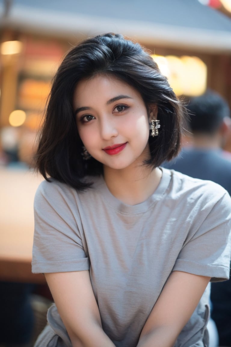 1girl, solo, looking at viewer, smile, short hair, shirt, 1boy, jewelry, monochrome, upper body, short sleeves, greyscale, female focus, earrings, dark skin, blurry, bracelet, head tilt, depth of field, realistic,@imageized