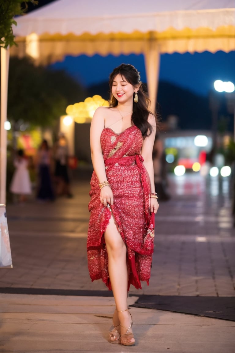 1girl, solo, smile, black hair, dress, jewelry, standing, full body, closed eyes, earrings, outdoors, blurry, bracelet, blurry background, sandals, photo background, @imageized