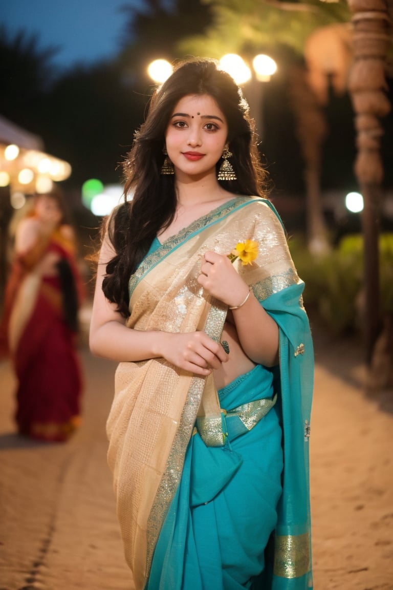 1girl, solo, long hair, looking at viewer, black hair, dress,saree, holding, jewelry, flower, earrings, outdoors, blurry, lips, tattoo, blurry background, realistic, holding flower, desert, @imageized