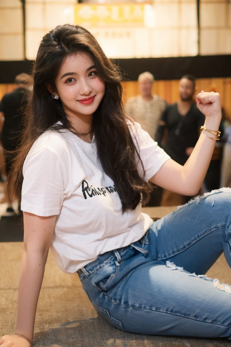 1girl, solo, long hair, looking at viewer, smile, shirt, black hair, jewelry, sitting, short sleeves, pants, dark skin, bracelet, facial hair, denim, jeans, realistic, @imageized