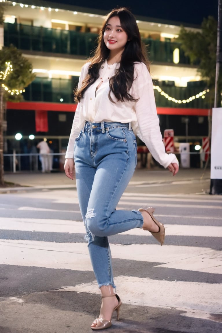 1girl, solo, long hair, shirt, black hair, white shirt, outdoors, pants, high heels, denim, jeans, realistic, dancing, photo background, @imageized