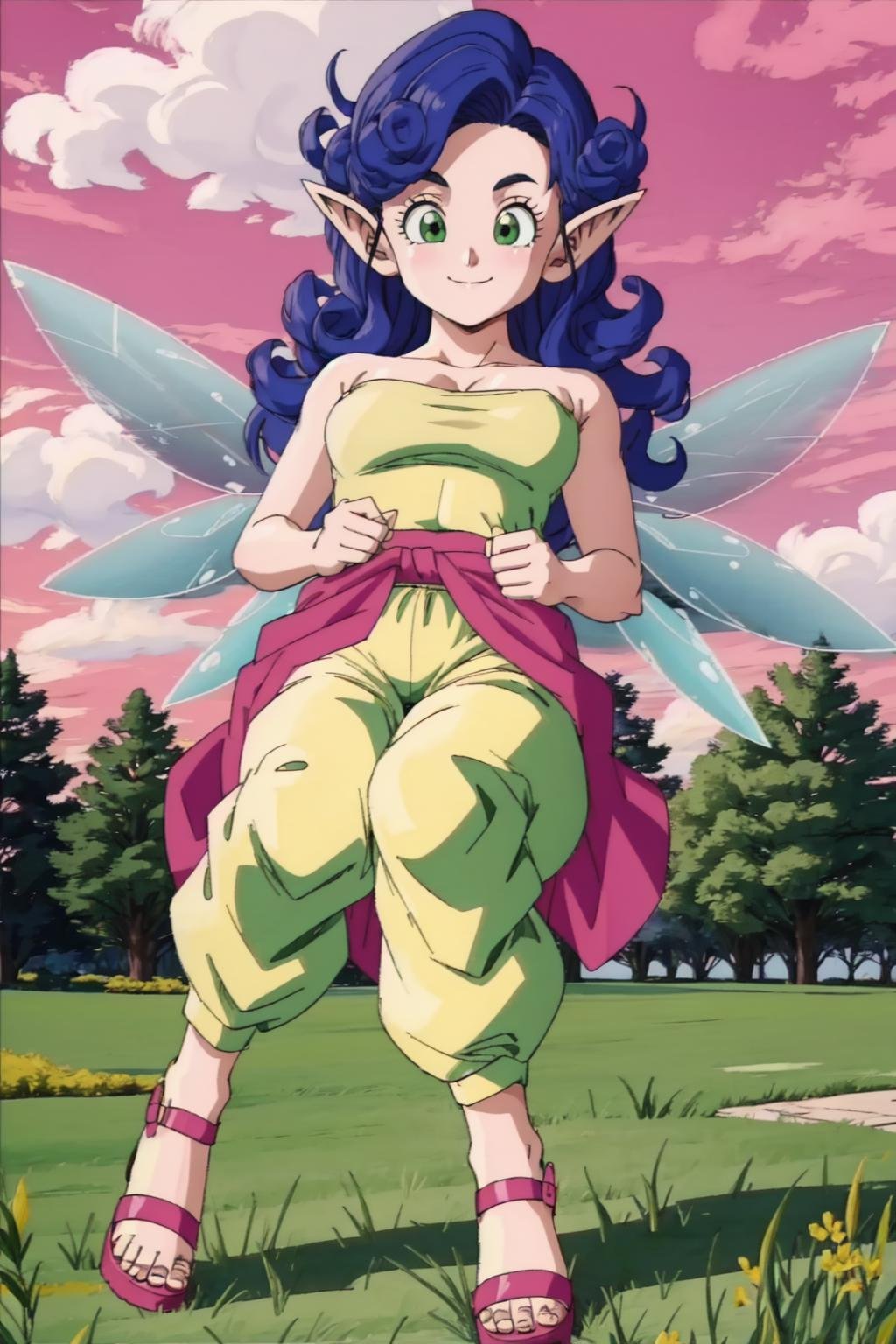 fairy,full body, blue hair, 1girl,solo,green eyes,small breasts,curly hair,pointy ears,long hair,light green strapless shirt,pink sarong,light green harem pants,pink sandals,grass, tree, pink sky,closed mouth, smile,(best quality, masterpiece)  <lora:fairy_v1:1>