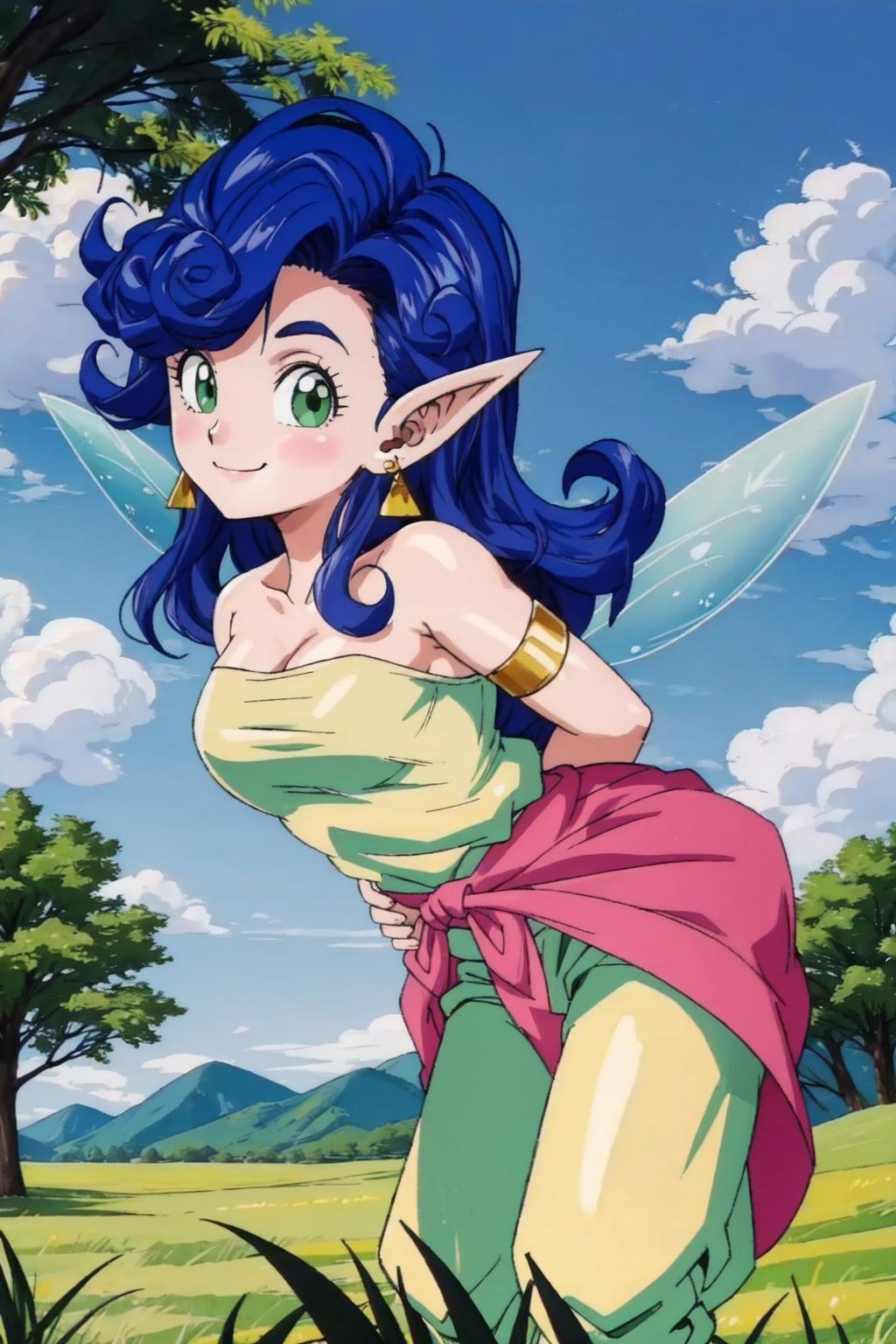 fairy,upper body, 1girl,solo,blue hair,green eyes,small breasts,curly hair,pointy ears,long hair,light green strapless shirt,pink sarong,light green harem pants,(bandaged arm), armlet,earrings,fairy wings,(arms behind back:1.2,leaning forward:1.1),grass, tree, blue sky,nature,closed mouth, smile,looking at viewer,(best quality, masterpiece)  <lora:fairy_v1:1>