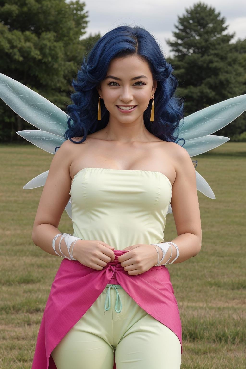 fairy,upper body, 1girl,solo,blue hair,green eyes,small breasts,curly hair,pointy ears,long hair,light green strapless shirt,pink sarong,light green harem pants,(bandaged arm), armlet,earrings,fairy wings,arms at sides,grass, tree, blue sky,nature,closed mouth, smile,looking at viewer,(best quality, masterpiece)  <lora:fairy_v1:0.8>