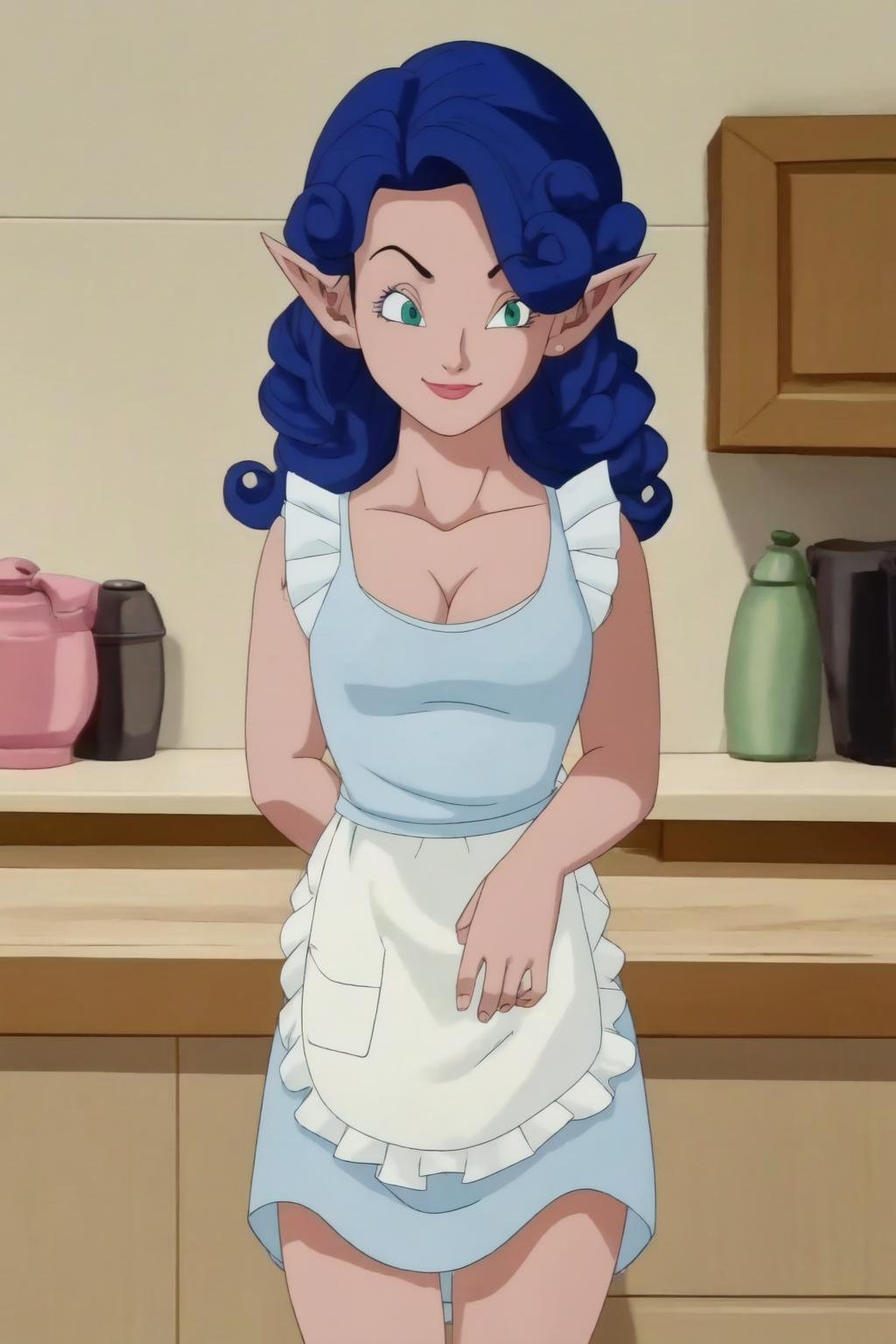 fairy,cowboy shot, 1girl,solo,blue hair,green eyes,small breasts,curly hair,pointy ears,long hair,(light blue short frilly dress:1.1),(waist apron:1.1),light blue shirt, kitchen,closed mouth, smile,(arms at sides),looking at viewer,counter,sink,shelf,cleavage,(best quality, masterpiece)  <lora:fairy_v1:1>  <lora:inusen_v1:1> 