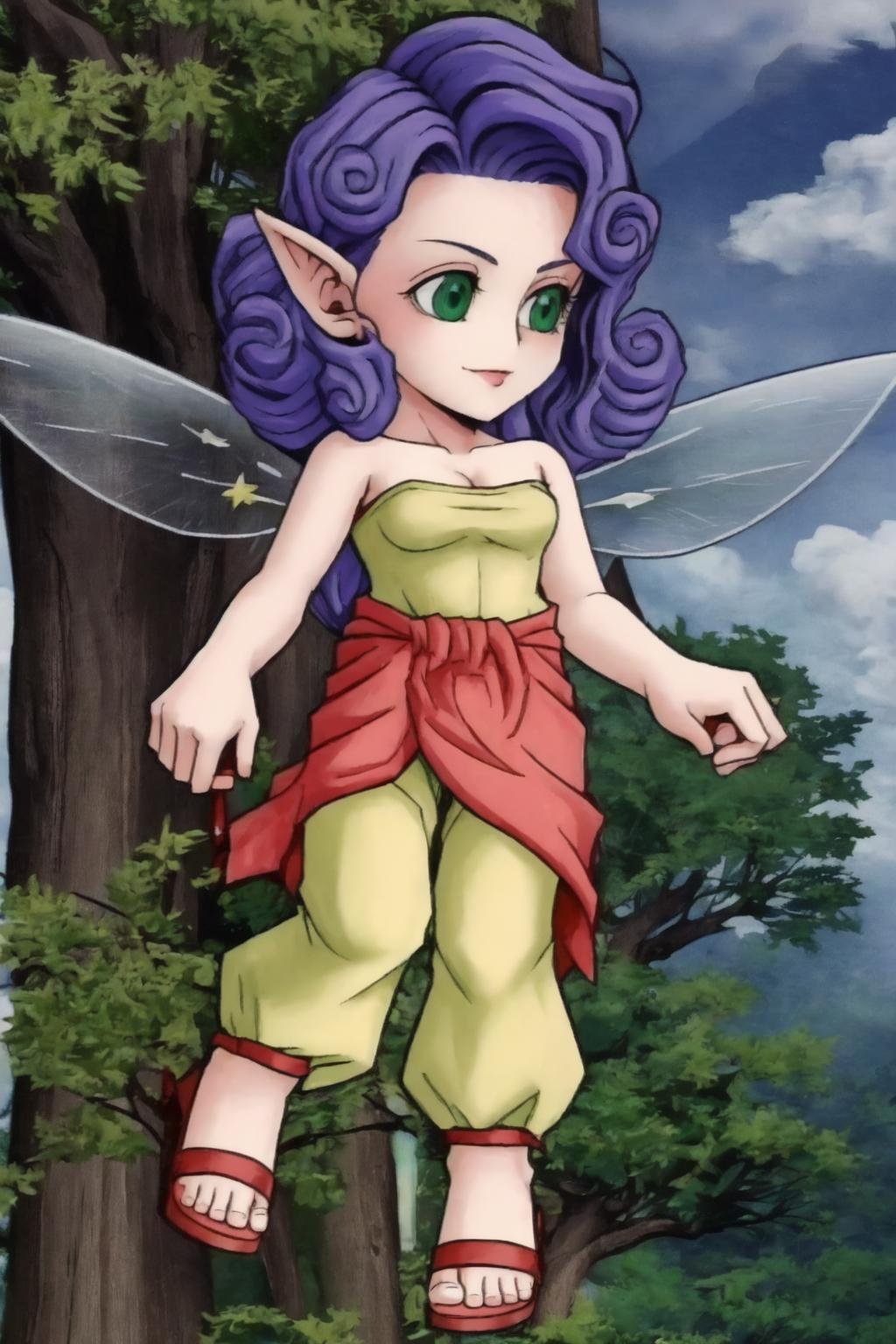 dissidia,fairy,full body, blue hair, 1girl,solo,green eyes,small breasts,curly hair,pointy ears,long hair,light green strapless shirt,pink sarong,light green harem pants,pink sandals,grass, tree, blue sky,closed mouth, smile,fairy wings,(best quality, masterpiece)  <lora:fairy_v1:1> <lora:dissidia_v1:1> 