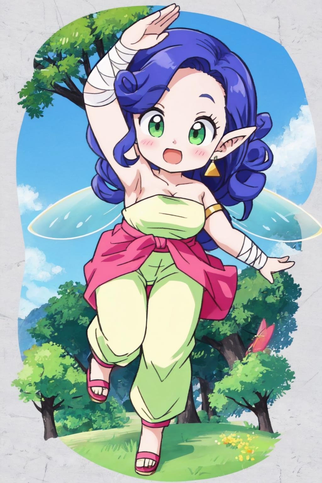 fairy,full body,kawaii,cute, 1girl,solo,blue hair,green eyes,small breasts,curly hair,pointy ears,long hair,light green strapless shirt,pink sarong,light green harem pants,(bandaged arm), armlet,earrings,fairy wings,leaning forward,arm up,salute,open hand,  grass, tree, blue sky,nature,triangle mouth,open mouth,looking at viewer,(best quality, masterpiece)  <lora:fairy_v1:1> 