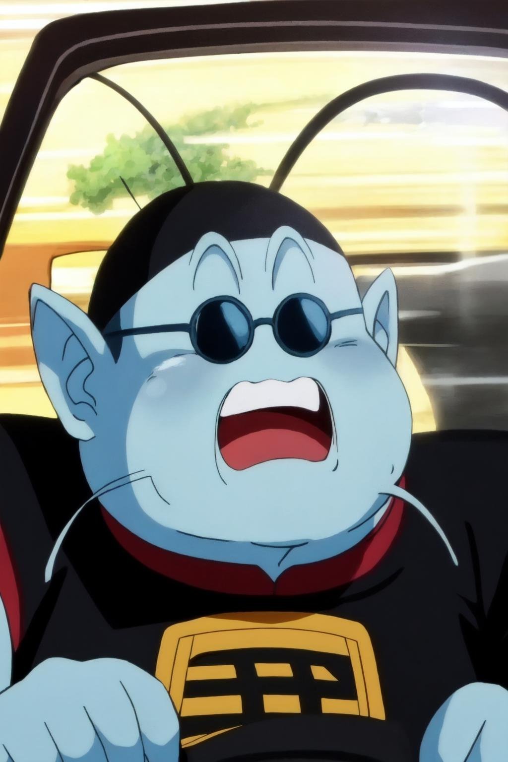 kaiosama,1boy,,solo,(upper body:1.2),light blue skin,antennae,black hat,whiskers,sunglasses,black t-shirt,steering wheel,open mouth, surprised,driving,car interior,(anime screencap:1.2,best quality, masterpiece) <lora:kaio_v1:1> 