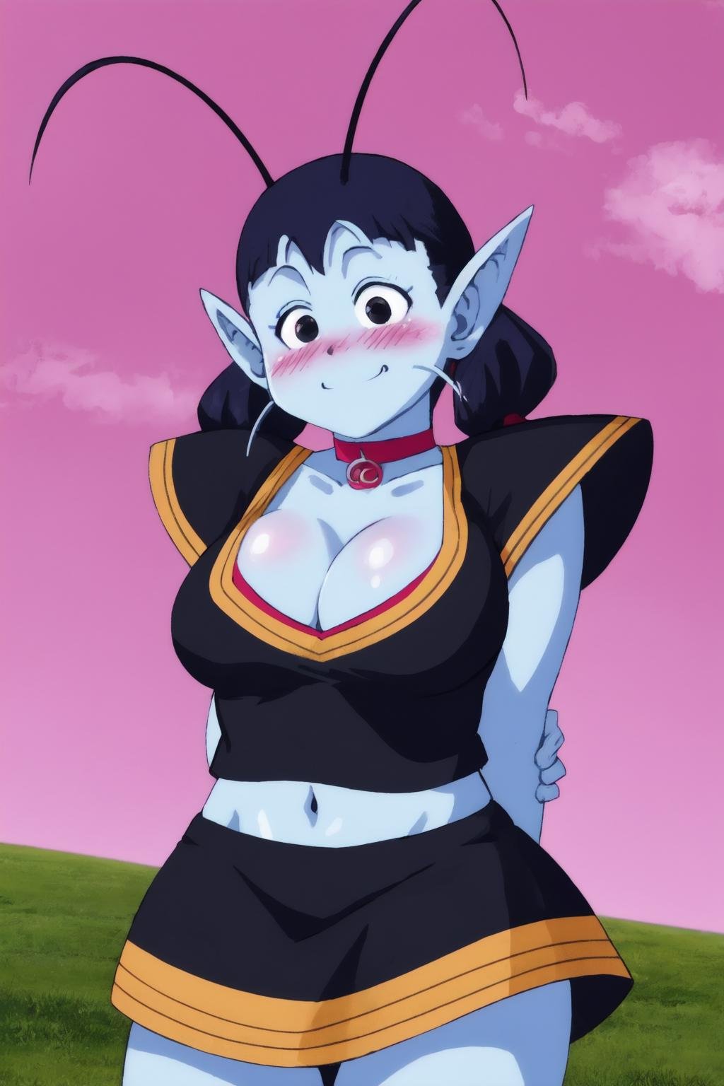 kaiosama,1girl,solo,cowboy shot,(light blue skin),antennae,black hair, twintails,bangs,long hair,(whiskers),black eyes, black shirt,purple pleated skirt, cleavage, crop top,grass,pink sky,arm behind back,smile,blush,black choker,pointy ears,(best quality, masterpiece) <lora:kaio_v1:0.9> 