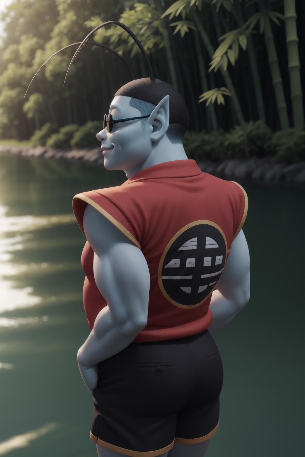 kaiosama,cowboy shot, 1boy,solo,light blue skin,antennae,whiskers,fat,black hat,pointy ears,red t-shirt,black cargo shorts, ass, from behind,closed mouth, smirk,sunglasses,(arms at sides),looking at viewer,bamboo,bamboo forest,nature,river,(Maya 3d render:1.05), (masterpiece:1.3), (hires, high resolution:1.3), subsurface scattering  <lora:kaio_v1:1> 