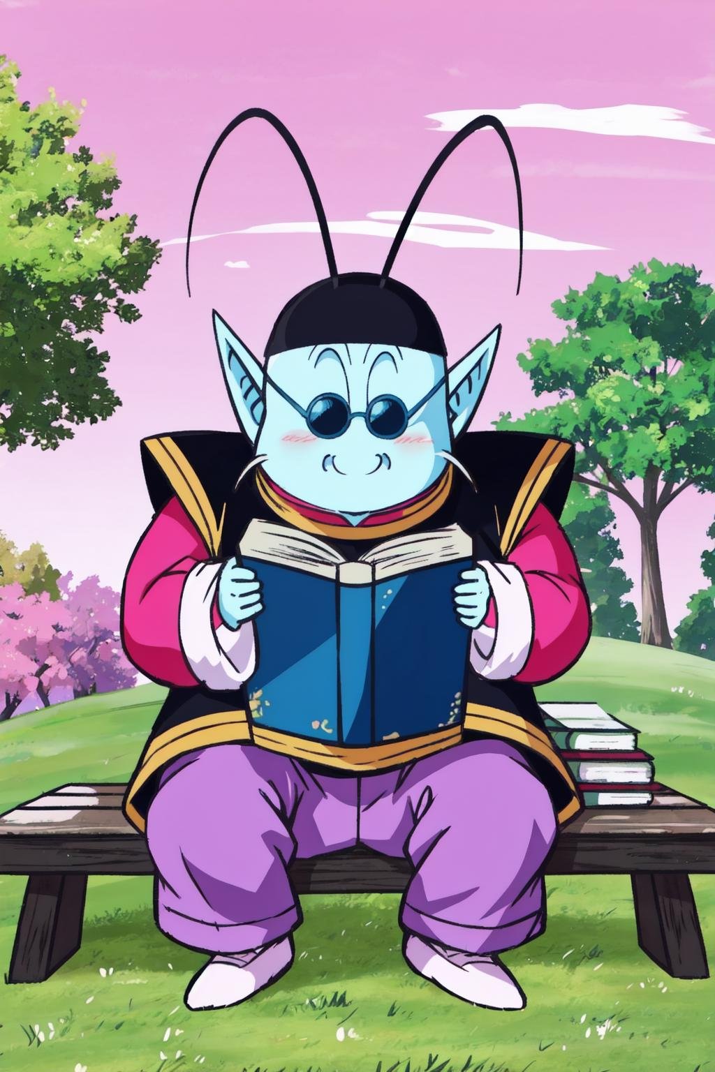 kaio,1boy,kawaii, cute,solo,light blue skin, antennae, whiskers,pointy ears,black tunic, black hat, magenta shirt, white shoes,sunglasses,long sleeves,sitting,bench, reading, book,grass, tree, pink sky,closed mouth, smile,(purple pants),(best quality, masterpiece) <lora:kaio_v1:1>