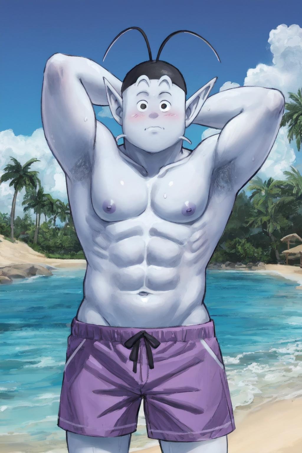 kaio,1boy,muscular male, muscular,,solo,cowboy shot,light blue skin, antennae, (whiskers:1.1),pointy ears, black hat, topless,bare shoulders, (black eyes),flexing,arms behind head, (purple swim trunks:1.2),purple shorts, beach,sand, ocean, palm tree,nipples,abs,blue sky,(from above:0.8),(best quality, masterpiece) <lora:kaio_v1:1>