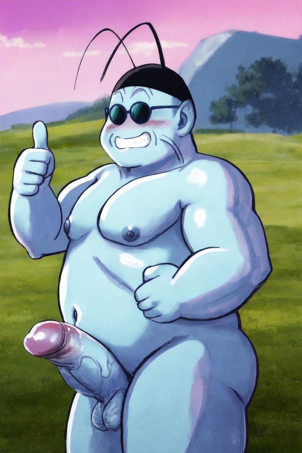 kaiosama,1boy,solo,cowboy shot,light blue skin,antennae,black hat,whiskers,sunglasses, fully nude, penis, testicles,grass,pink sky,arm at side,thumbs up,erection,(bare shoulders),smile,teeth,blush,(best quality, masterpiece) <lora:kaio_v1:1> 