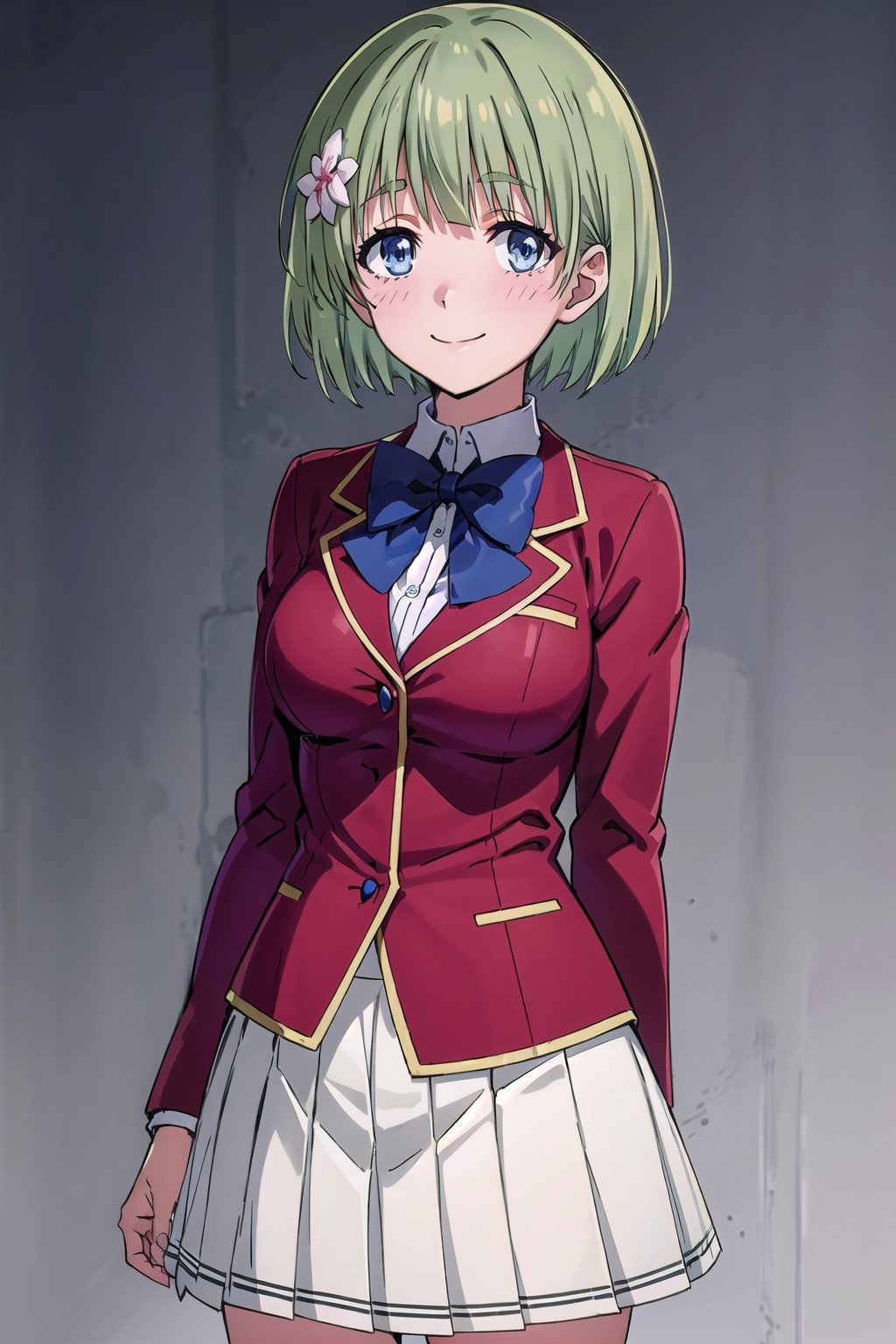 (masterpiece, best quality, official art, picture perfect, 8k:1.6), 1girl, solo, Chihiro, (looking at viewer, cowboy shot:1.3), (short hair, green hair, hair flower:1.5), (blue eyes, shining blue eyes:1.3), (smile, closed mouth, large breasts, blush, embarresed:1.4), (Chihiro Attire, school uniform, bowtie, red jacket, white skirt, pleated skirt:1.4), (simple background:1.5),