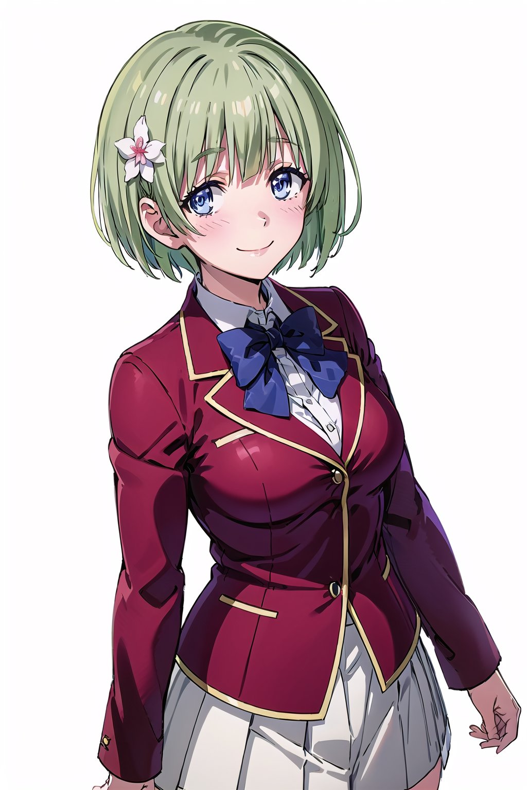 (masterpiece, best quality, official art, picture perfect, 8k:1.6), 1girl, solo, Chihiro, (looking at viewer, cowboy shot:1.3), (short hair, green hair, hair flower:1.5), (blue eyes, shining blue eyes:1.3), (smile, closed mouth, large breasts, blush, embarresed:1.4), (Chihiro Attire, school uniform, bowtie, red jacket, white skirt, pleated skirt:1.4), (simple background:1.5),