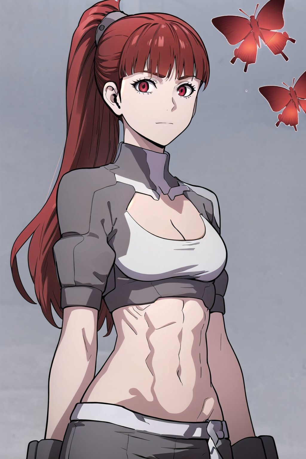 (masterpiece, best quality, official art, picture perfect, 8k:1.6), 1girl, solo, Red Butterfly, (looking at viewer, cowboy shot:1.3), (long hair, red hair, ponytail:1.5), (red eyes, shining red eyes:1.3), (small smile, closed mouth, medium breasts:1.4), (Red Butterfly Attire, grey pants, grey crop top, grey gloves, cleavage, abs, midriff:1.6), (simple background:1.4)