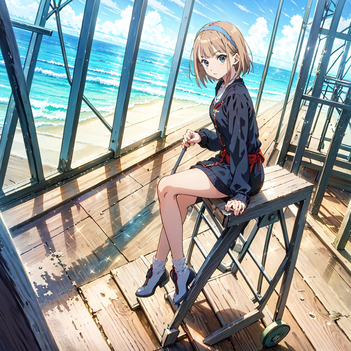 ((masterpiece, best quality, highres)), perfect face, 1girl, solo, Bob cut, short hair,With a hairband, nude, On the beach, clean background, Kyoto animation style,best quality,Tachikawa Ayaka,Saito Nicole