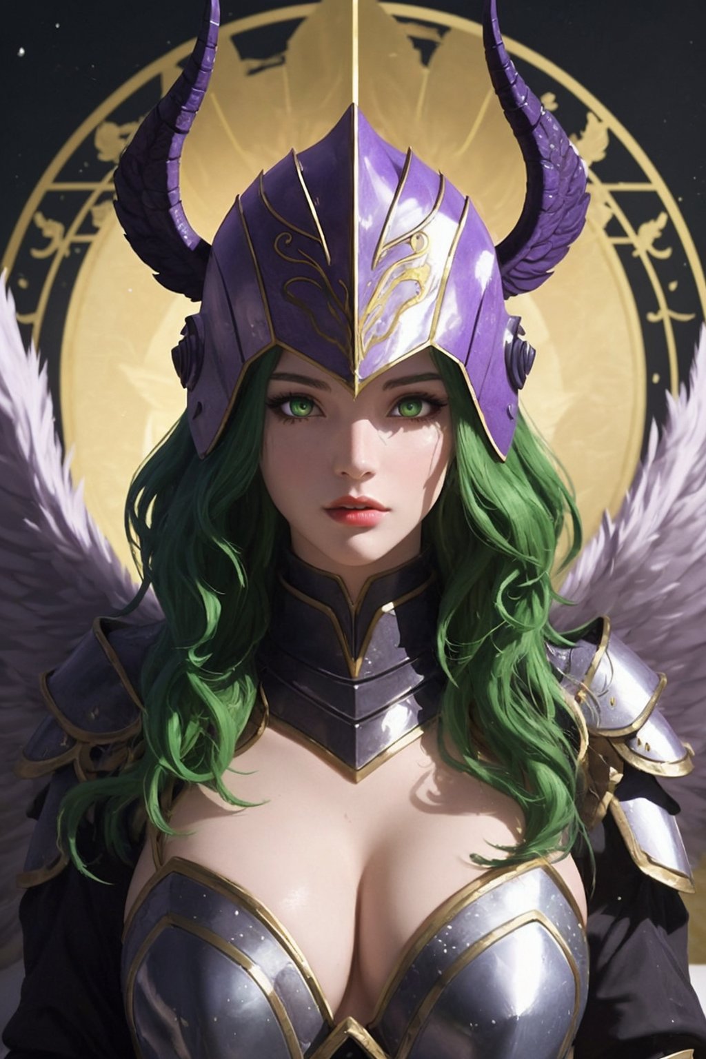 Phantasos, a beautiful 25-year-old woman. She has a long wavy green hair, amber eyes. She wears a helmet with fake wings. She wears a dark_purple capricorn armor, portrait, fantasy, Color Booster, Phantasos