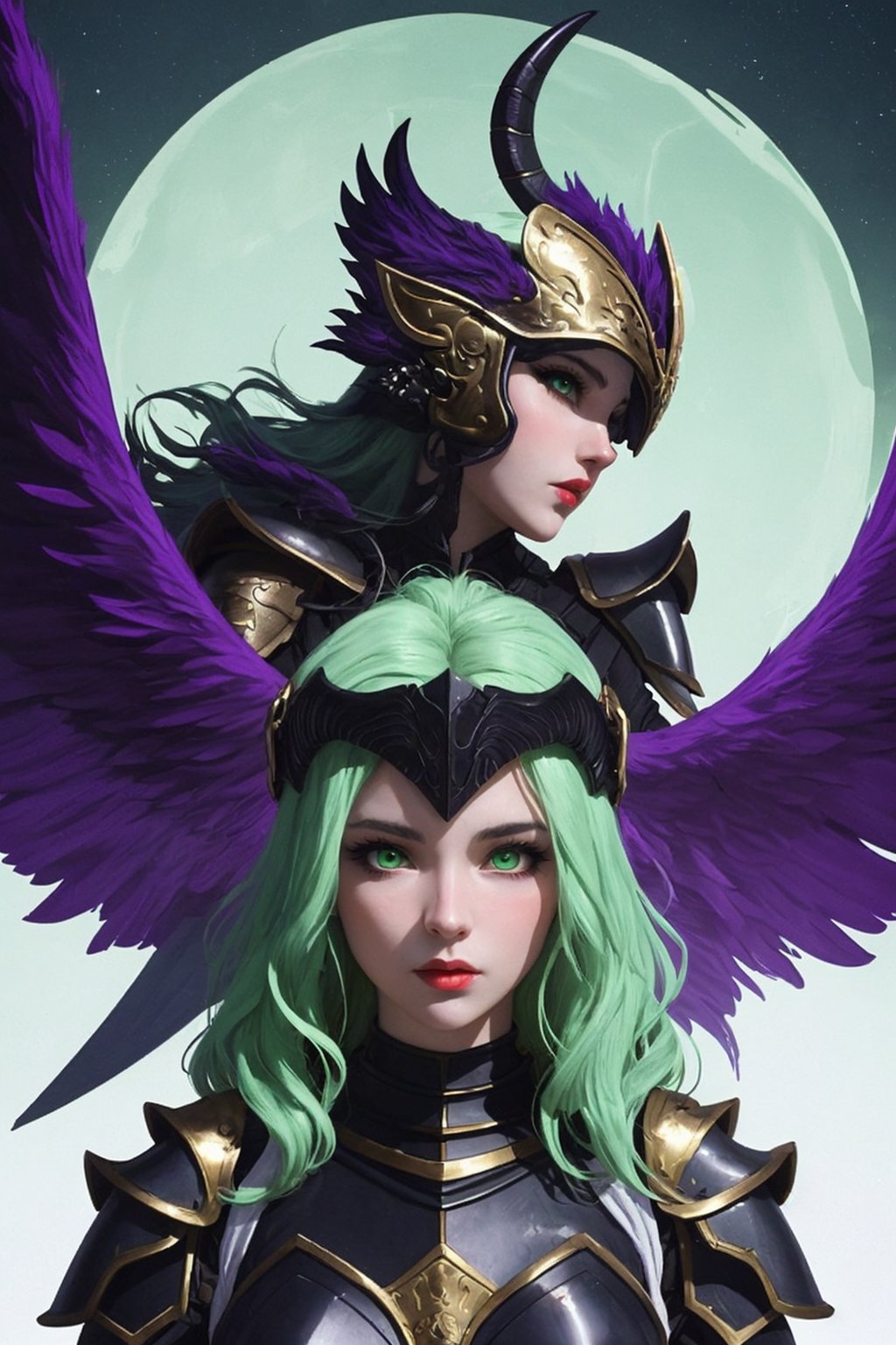 Phantasos, a beautiful 25-year-old woman. She has a long wavy light_green hair, amber eyes. She wears a helmet with fake wings. She wears a dark_purple capricorn armor, portrait, fantasy, Color Booster, Phantasos