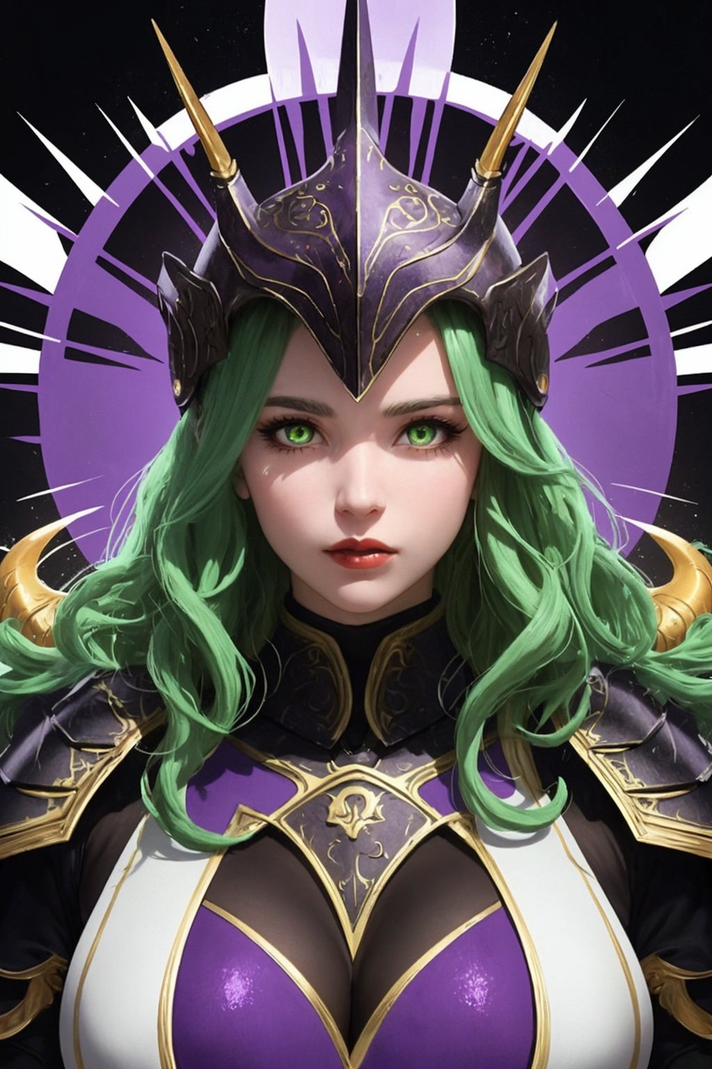 Phantasos, a beautiful 25-year-old woman. She has a long wavy green hair, amber eyes. She wears a helmet with fake wings. She wears a dark_purple capricorn armor, portrait, fantasy, Color Booster, Phantasos