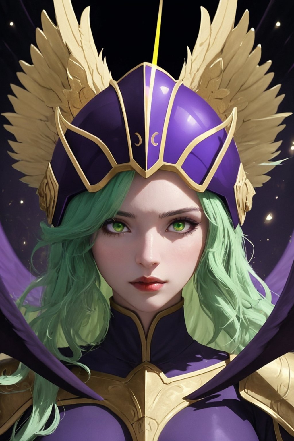 Phantasos, a beautiful 25-year-old woman. She has a long wavy light_green hair, amber eyes. She wears a helmet with fake wings. She wears a dark_purple capricorn armor, portrait, fantasy, Color Booster, Phantasos