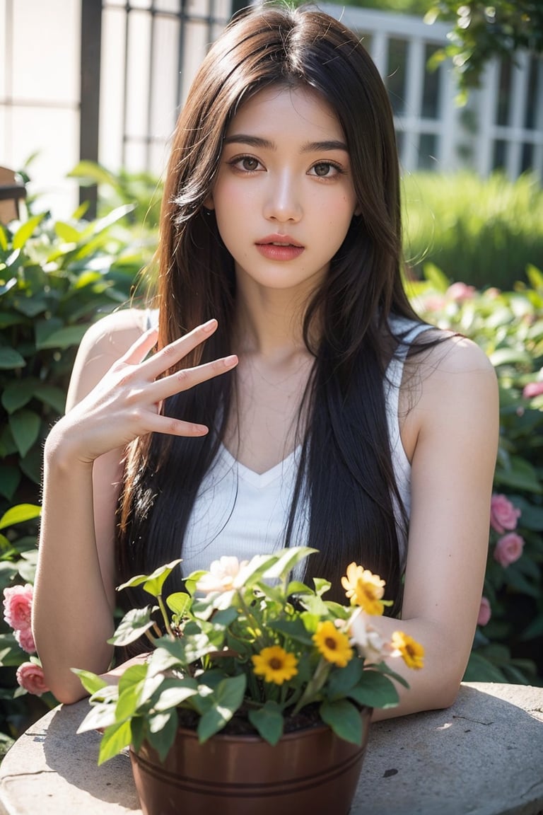 Realistic , Beautiful Female Long hair , Perfect Fingers , garden