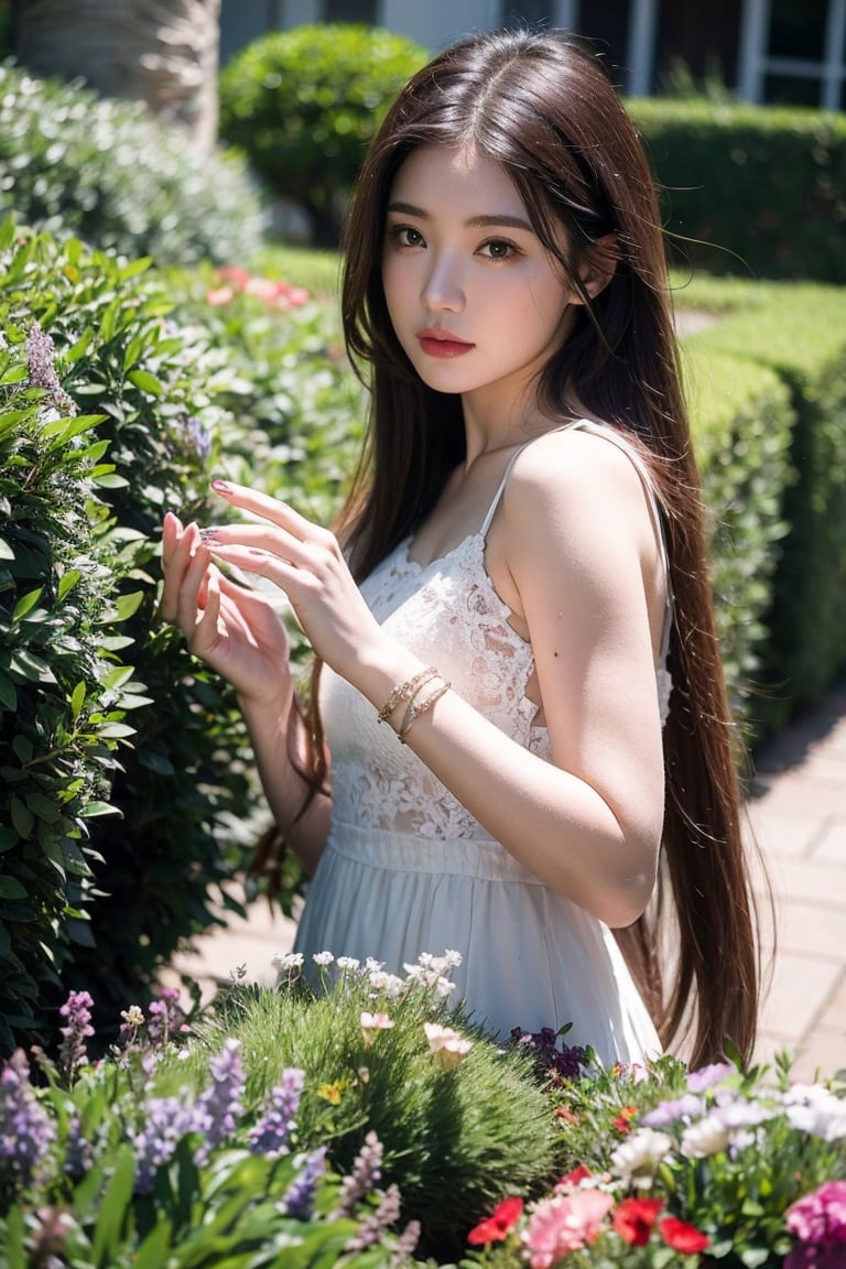 Realistic , Beautiful Female Long hair , Perfect Fingers , garden