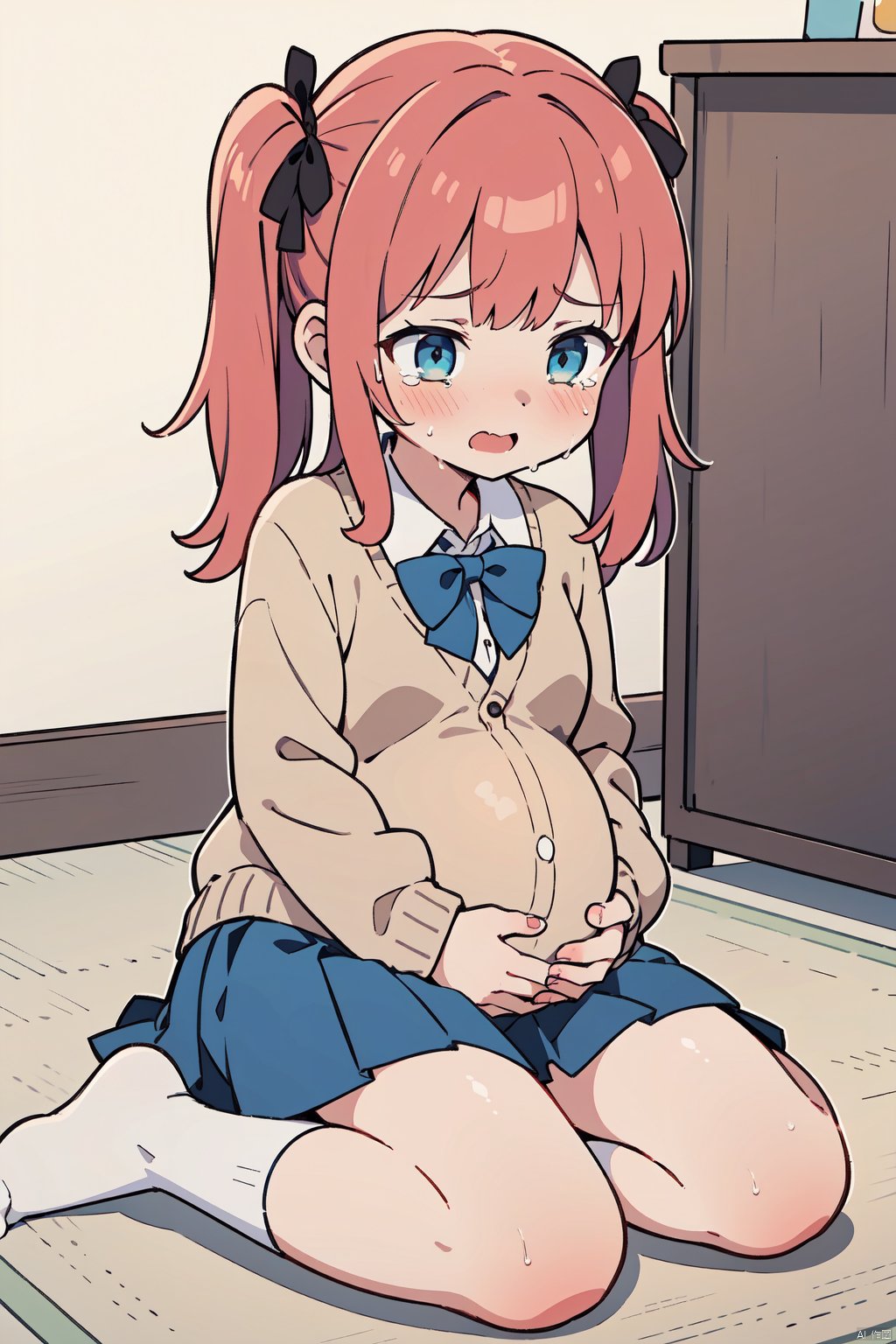  1girl, solo, swimsuit, long hair, red hair, pregnant,two_side_up,twin_tails,school_uniform,cardigan,white shirt,blue skirts,white socks,no shoes,messy,home,corner,frightened,blush,crying,sitting on ground,narrow,lactation