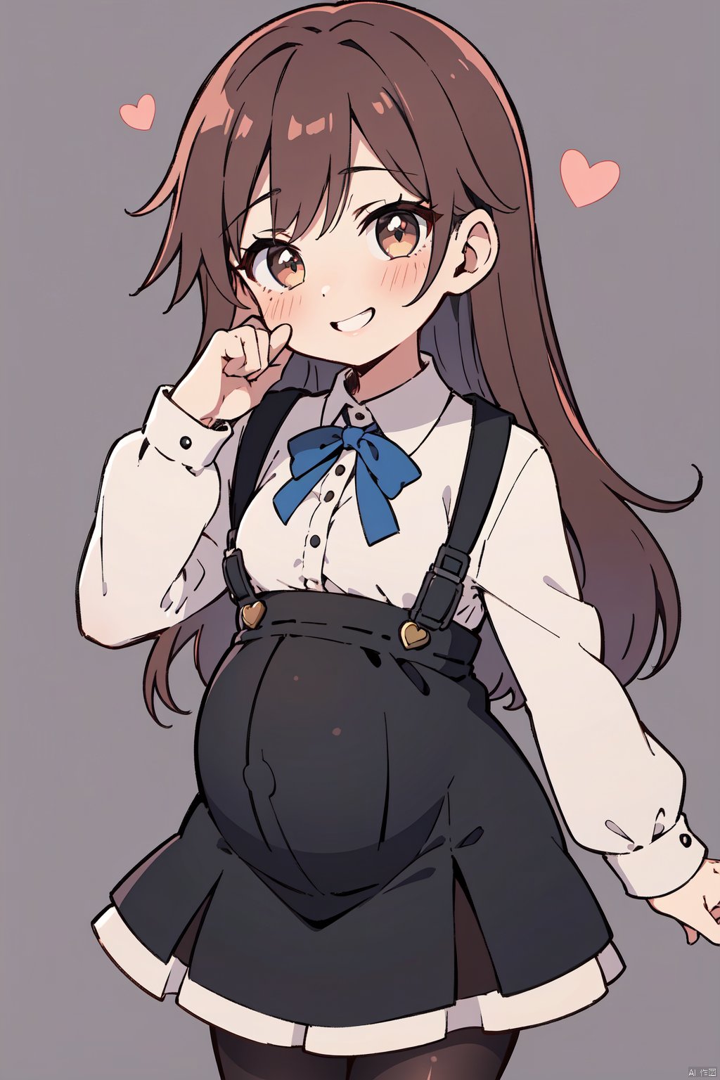  1girl, arashio \(kancolle\), solo, long hair, brown hair, pantyhose, pinafore dress, dress, brown eyes, pregnant, black pantyhose, shirt, frilled dress, frills, heart-shaped pupils, long sleeves, symbol-shaped pupils, white shirt, smile, looking at viewer, blush, simple background, heart, belt,lactation