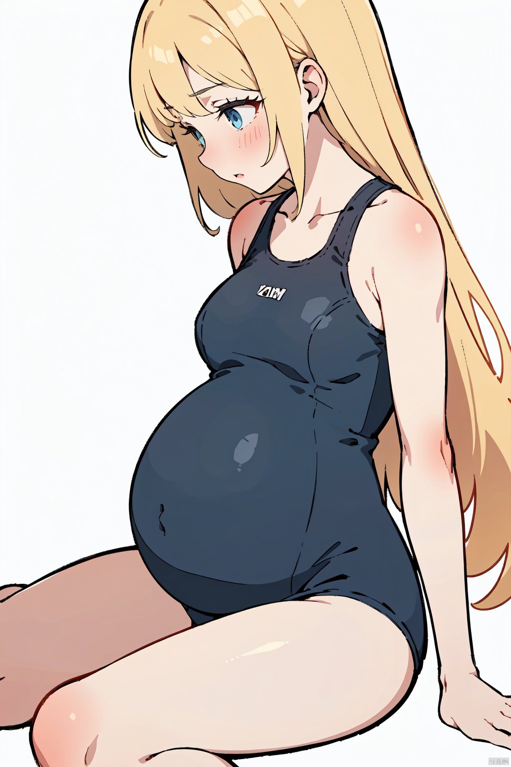  1girl, solo, swimsuit, long hair, blonde hair, pregnant, one-piece swimsuit, school swimsuit, white background, breasts, simple background, blue eyes, blue one-piece swimsuit, medium breasts, from side, standing, colored eyelashes, looking down,full_body,barefoot,sitting,