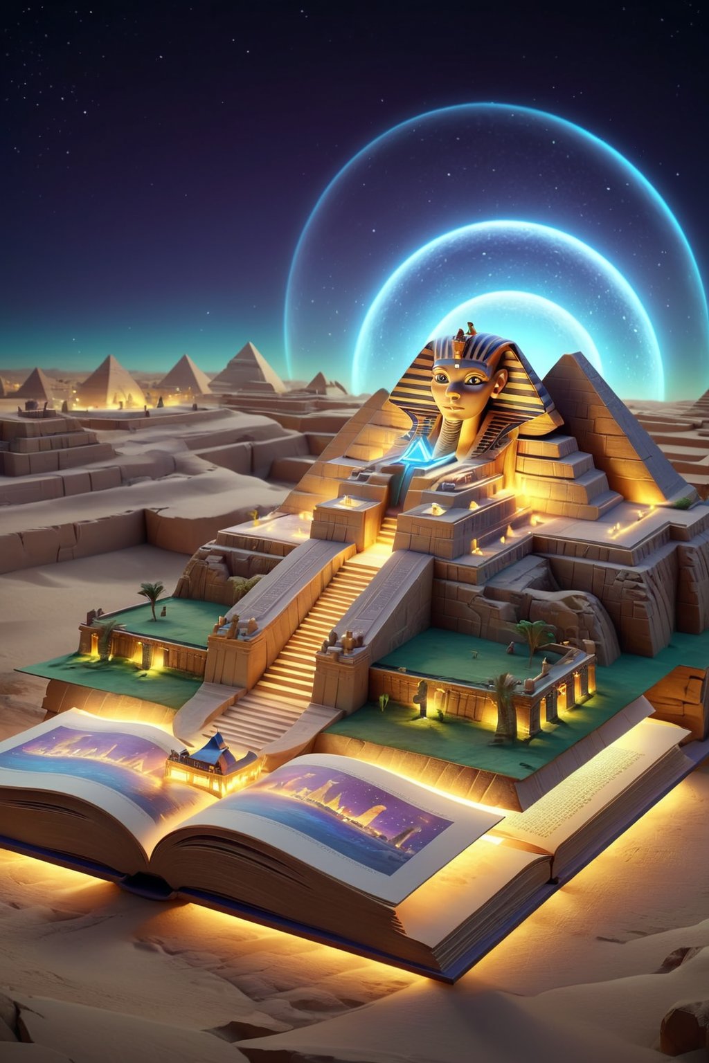 an open BookScenic with a picture of Great Sphinx, stunning fantasy 3d render, night background, flash image, safari background, projection mapping, or perhaps a fairy tale, Egypt, designed in blender,BookScenic,3d style,3d isometric,