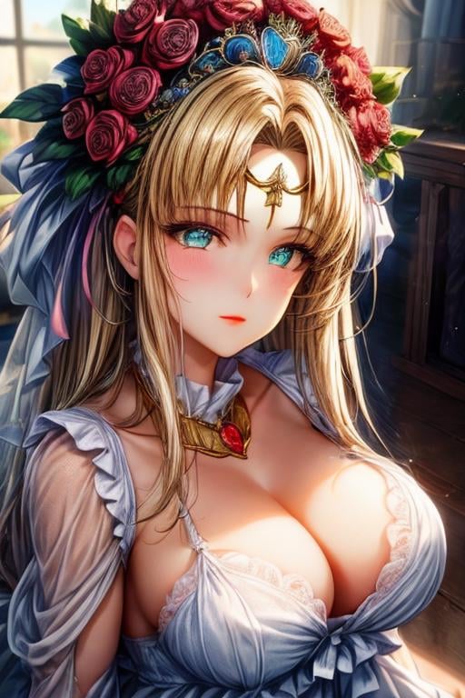 (masterpiece:1.2), best quality, high resolution, unity 8k wallpaper, (illustration:0.8), (beautiful detailed face:1.2, beautiful detailed eyes:1.2), perfect lighting, extremely detailed CG, (perfect hands, perfect anatomy), Cute, beautiful, charming lady, shiny hair, lustrous skin, beautiful light big eyes, big breasts, milf, married woman, soft With a gentle appearance and a gentle mother-like atmosphere,<lora:アフロディテ Aphrodite (SUITE PRECURE):0.8>, aphrodite_a, blonde hair, yellow eyes, rose tiara, circlet, hair flower, white Aphrodite dress,, <lora:add_detail:1.0>