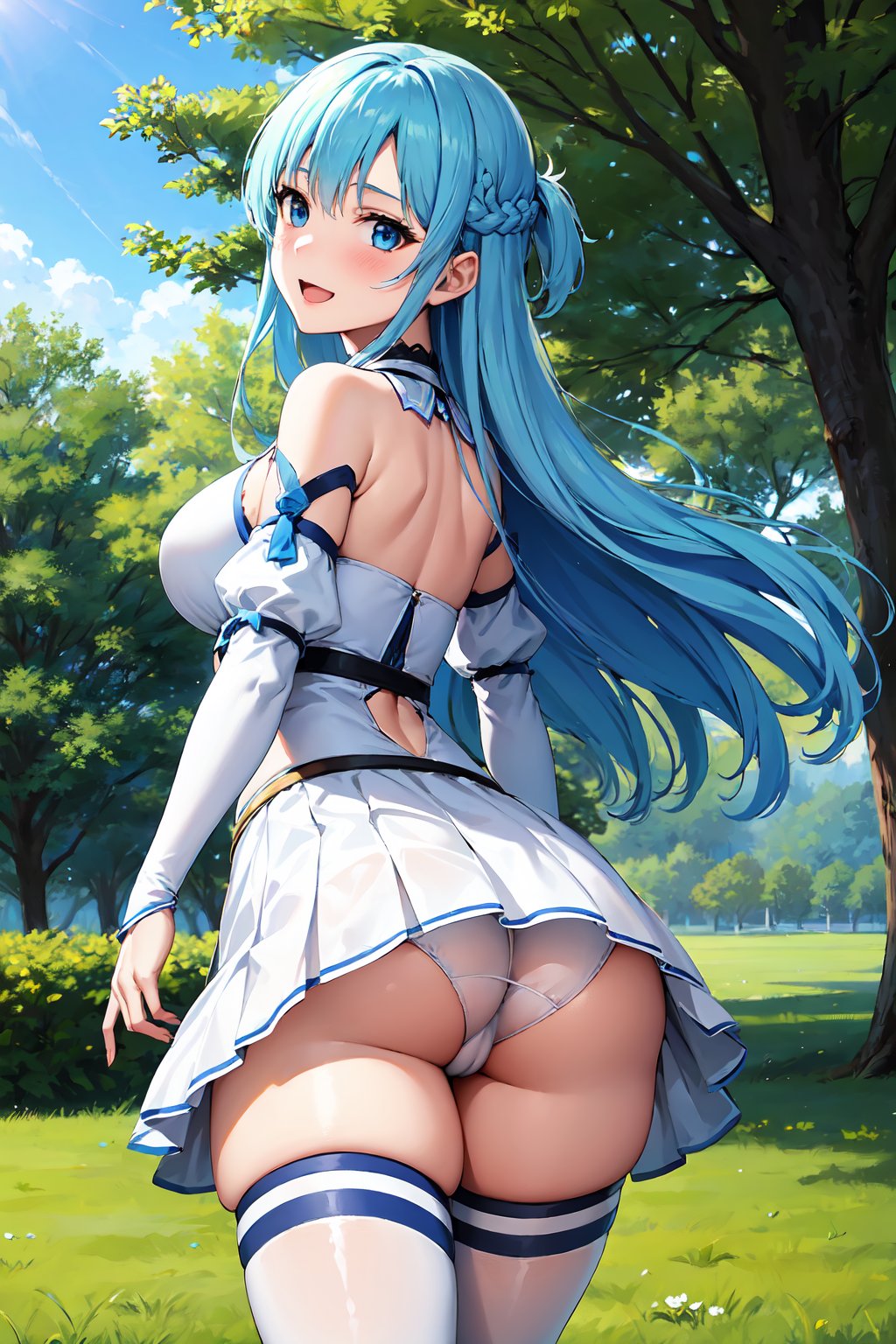 masterpiece, best quality, hdr, wallpaper, ultra detailed, 1girl, bbasuna, white dress, solo, wind lift, wind lifted skirt, from behind, cowboy shot, leaning forward, arched back, looking back, looking at viewer, white panties, cameltoe, thigh gap, blue thighhighs, long hair, blue hair, blue eyes, pointy ears, detached sleeves, smile, open mouth, blush, outdoors, blue sky, grass,