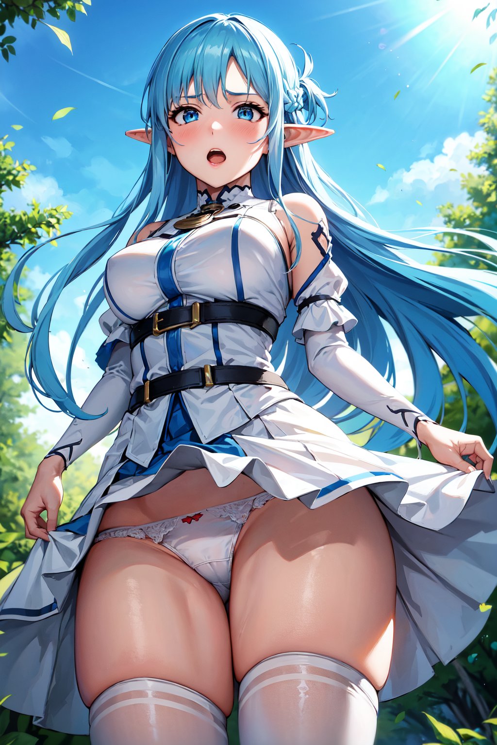 masterpiece, best quality, hdr, wallpaper, ultra detailed, 1girl, bbasuna, solo, from front, from below, cowboy shot, white dress, ((wind lift, wind lifted skirt, white panties)), blue thighhighs, long hair, blue hair, blue eyes, pointy ears, medium breasts, detached sleeves, surprised, open mouth, blush, outdoors, cityscape, blue sky, 