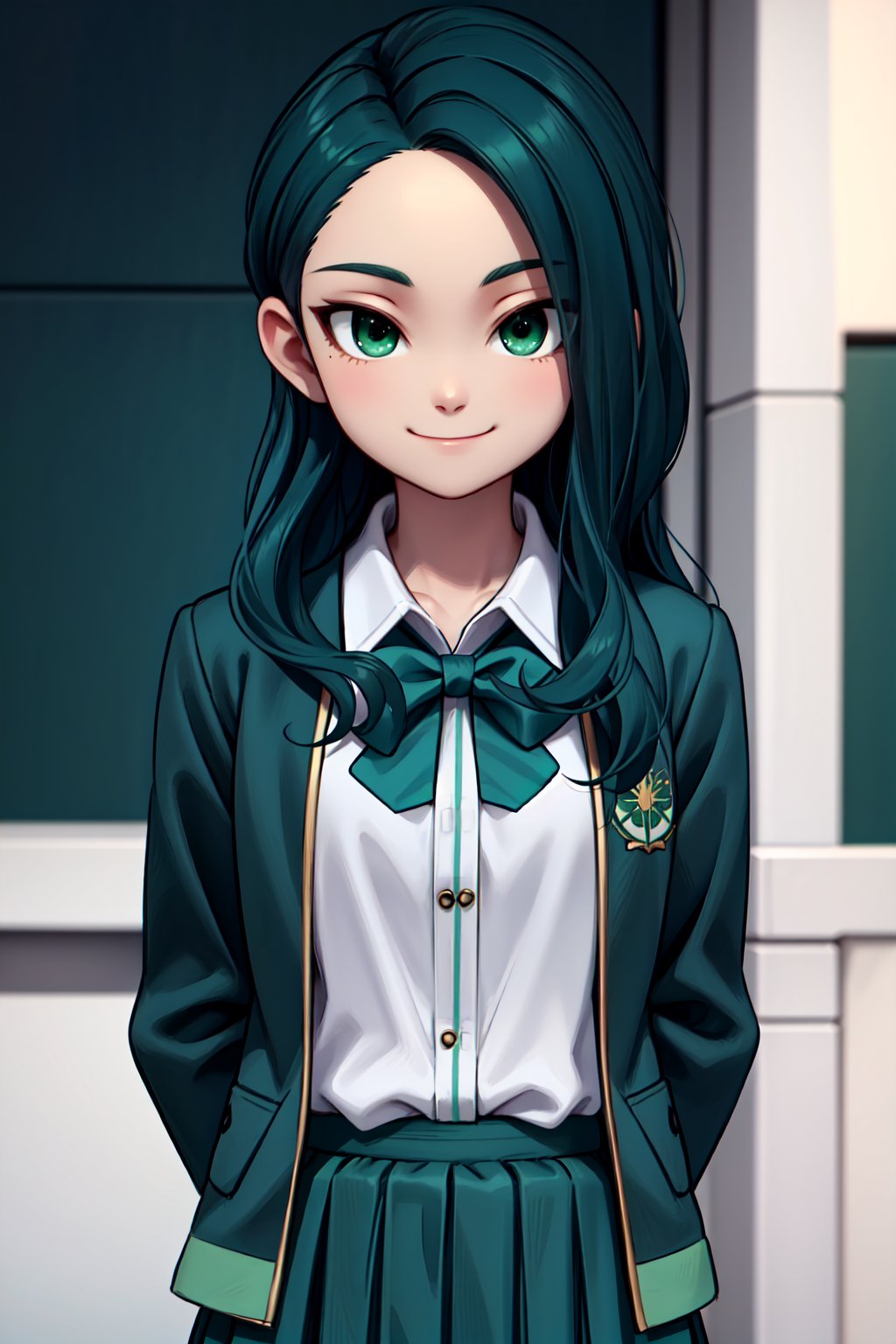 (1girl, solo,Mizukawa_minori, long hair, green hair, green eyes, (school uniform, green jacket, white shirt, collared shirt, green skirt,standing, looking at viewer, upper body, happy, closed mouth ))