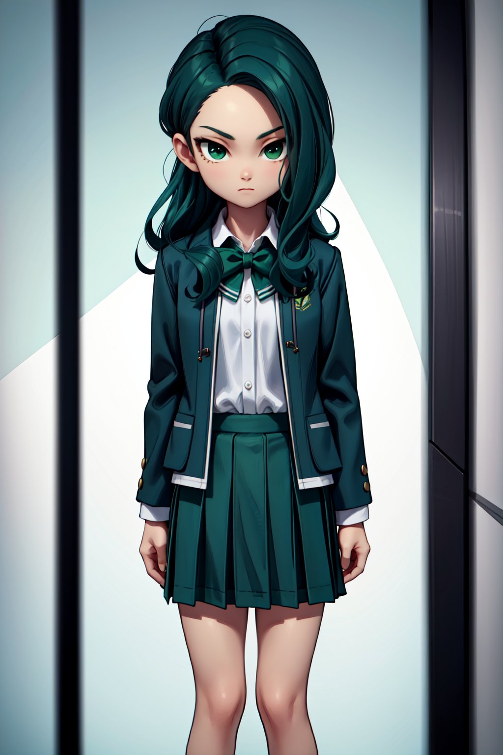 (1girl, solo,Mizukawa_minori, long hair, green hair, green eyes, (school uniform, green jacket, white shirt, collared shirt, green skirt,standing, looking at viewer, ))