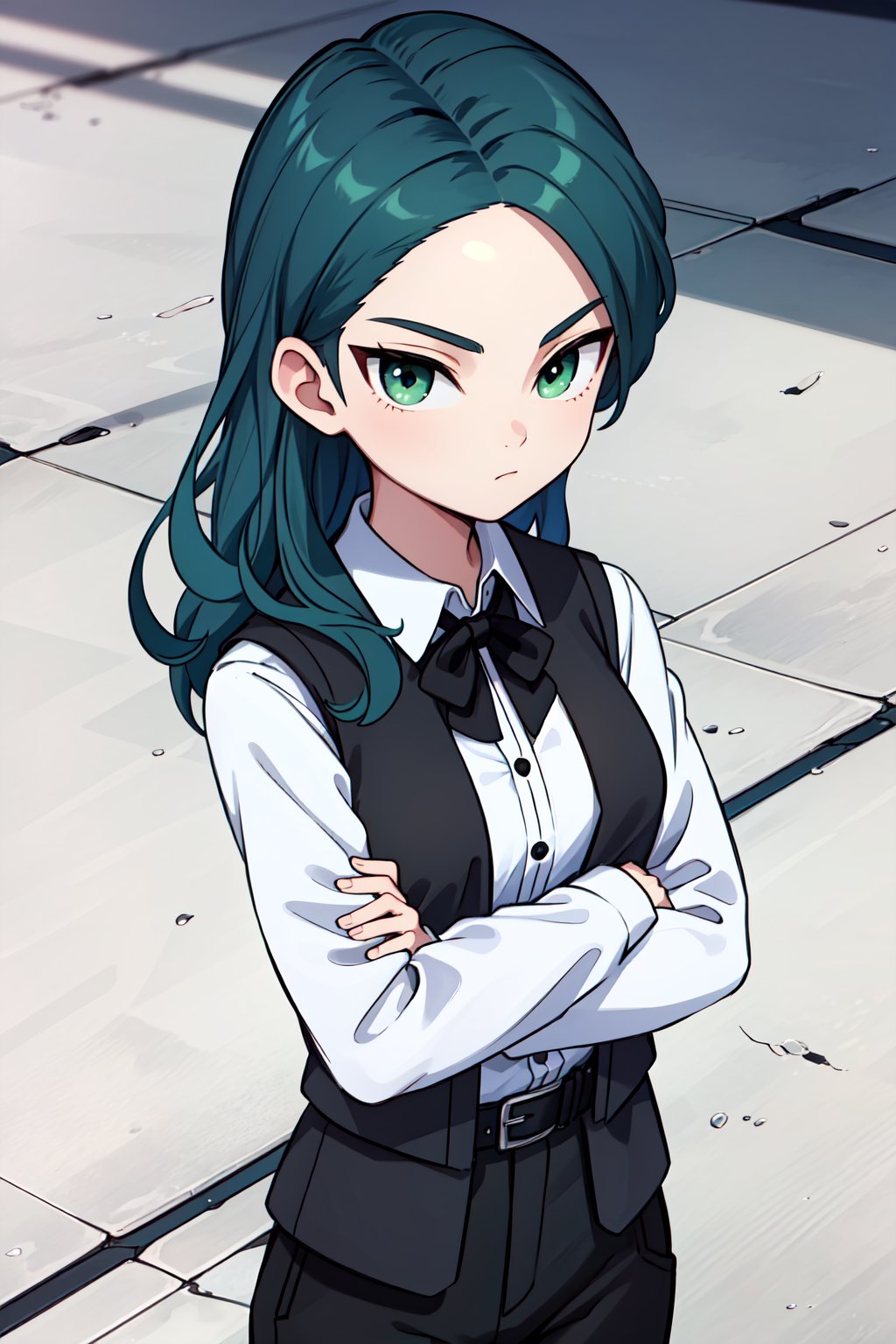 (1girl, solo,Mizukawa_minori, long hair, green hair, green eyes, medium breasts, (collared shirt, white shirt, long sleeves, rolled up sleeves, black vest, black belt, black pants, upper body,standing,crossing arms))