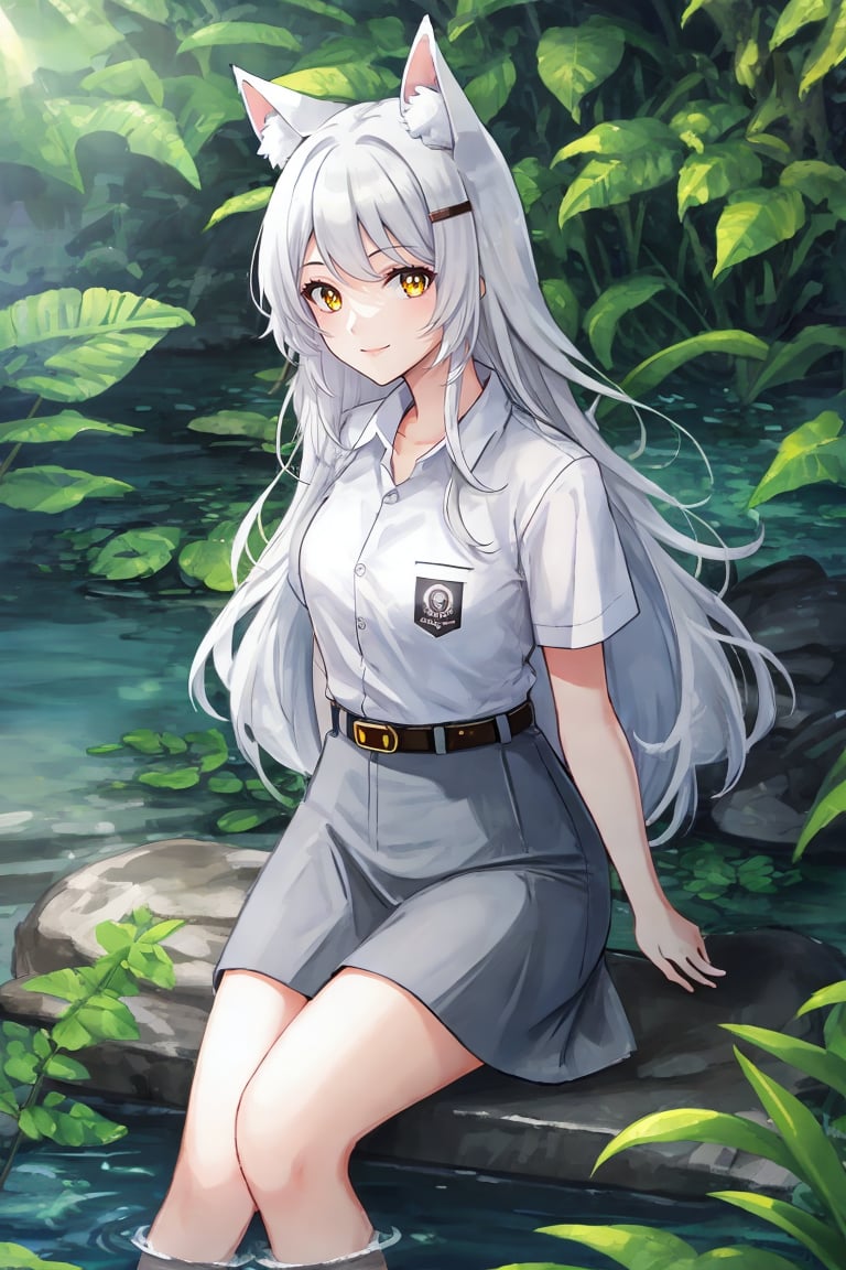 (((Ultra-HD-quality-details))) ,1girl, yellow eyes, long hair, white hair, sitting, cewe-sma, from fitting, white shirt, gray skirt, belt, looking at viewer, light smile, arms behind back, nature, hair ornament, animal ears, water <lora:cewe-sma-2:1>  