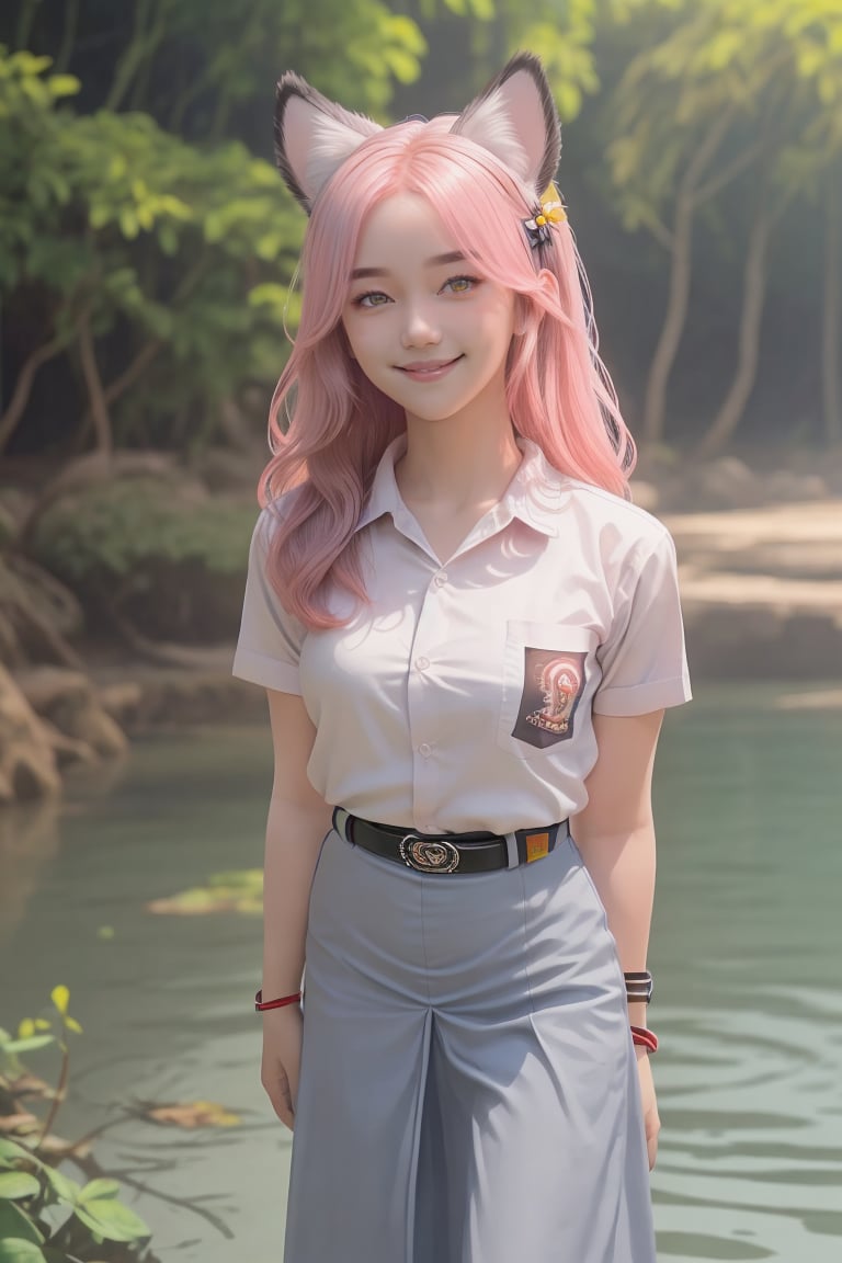 (((Ultra-HD-quality-details))) ,1girl, yellow eyes, long hair, pink hair, cewe-sma, from fitting, white shirt, gray skirt, belt, looking at viewer, light smile, arms behind back, nature, hair ornament, animal ears, water <lora:cewe-sma-2:1>  