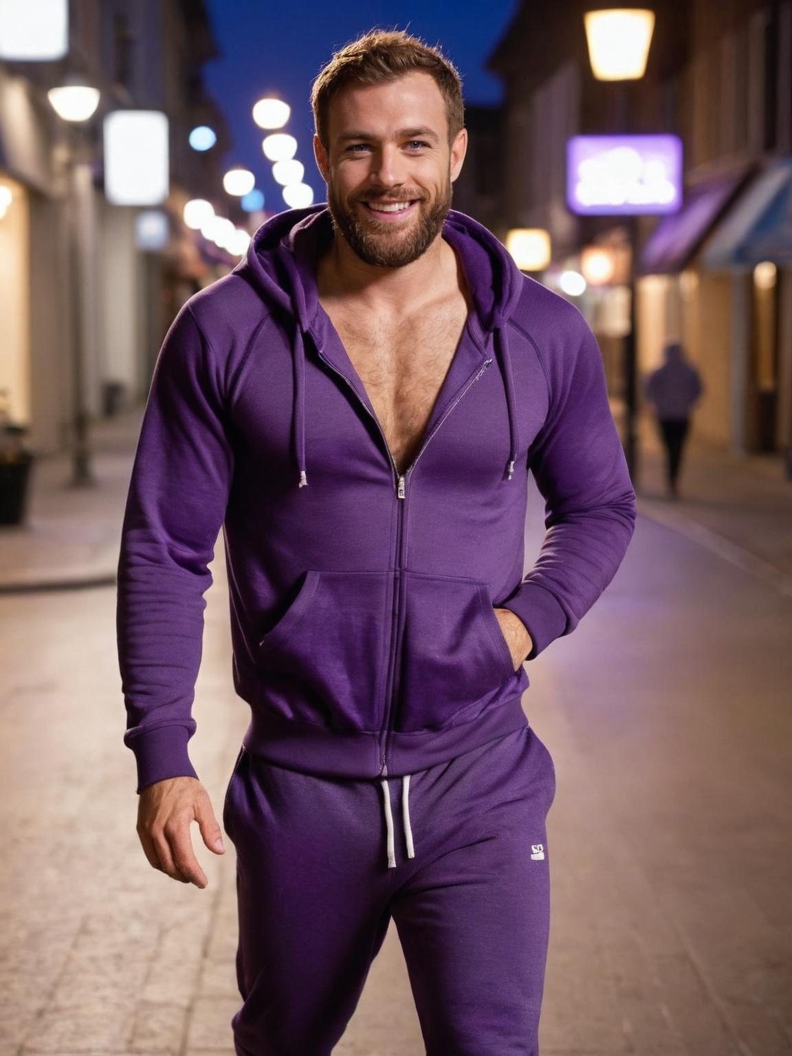 cinematic film still beautiful portrait of a handsome muscular bearded hairy man, walking in the street at night, walking towards viewer, wearing full body purple sweats outfit, large bulge , open hoodie, smile, action shot . shallow depth of field, vignette, highly detailed, high budget, bokeh, cinemascope, moody, epic, gorgeous, film grain, grainy