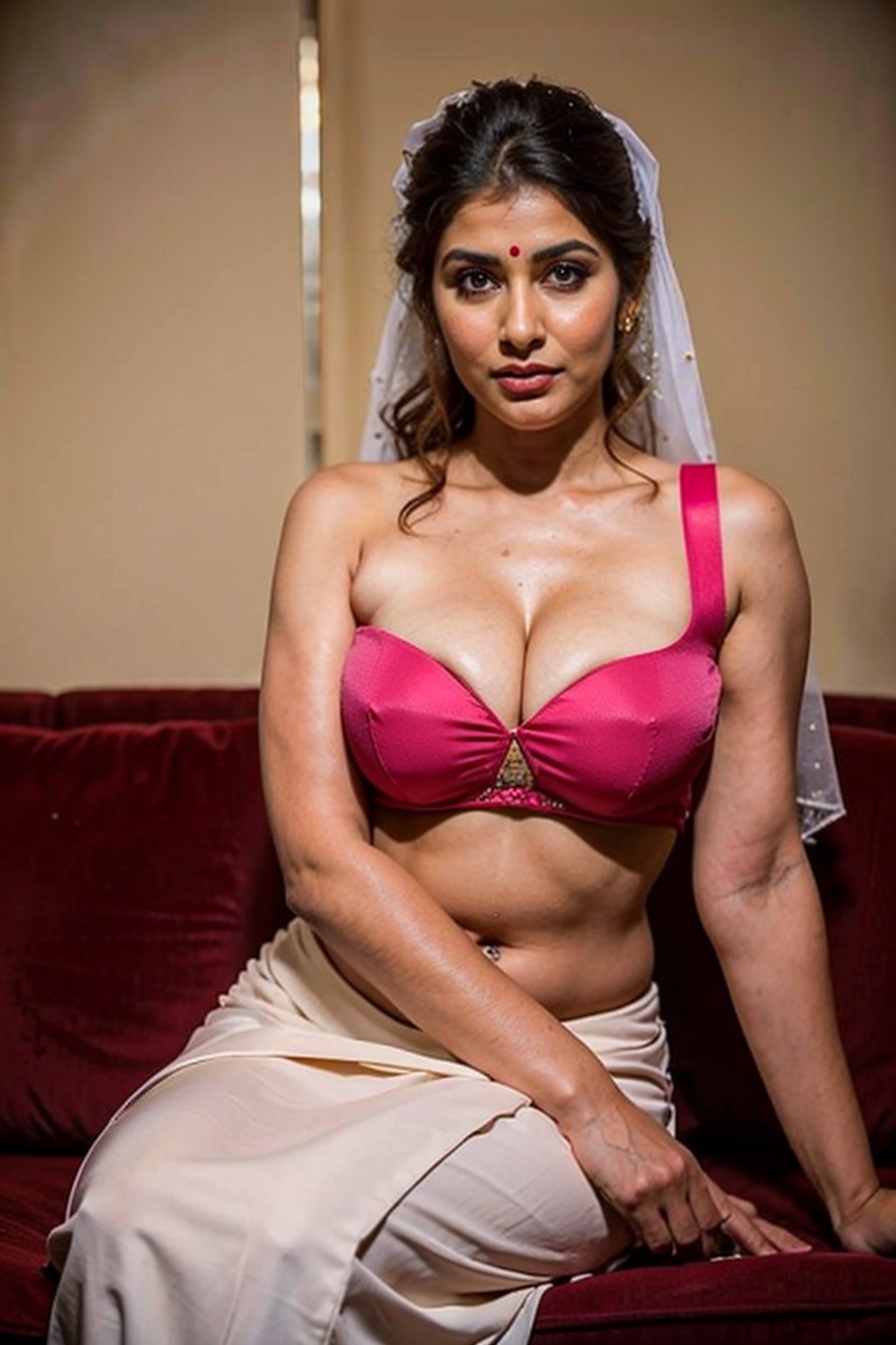 Amazingly beautiful indian bride with jewelry,  sitting coyly on a sofa curvy body, large breast, deep cleavage, strapless bra, beautifully done hair, masterpiece, uhd, best quality, shot with nikon 70 mm lens, wedding photography, realism