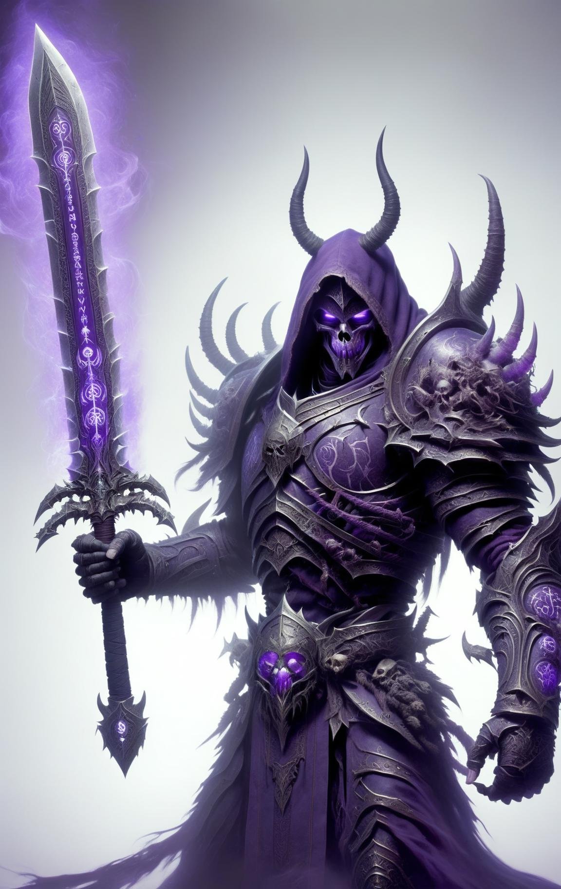 human, death knight, DonMD34thKn1gh7XL wielding runeblade, purple glowing runes, two handed sword, dual wielding <lora:DonMD34thKn1gh7XL-v1.1-000010:0.8>